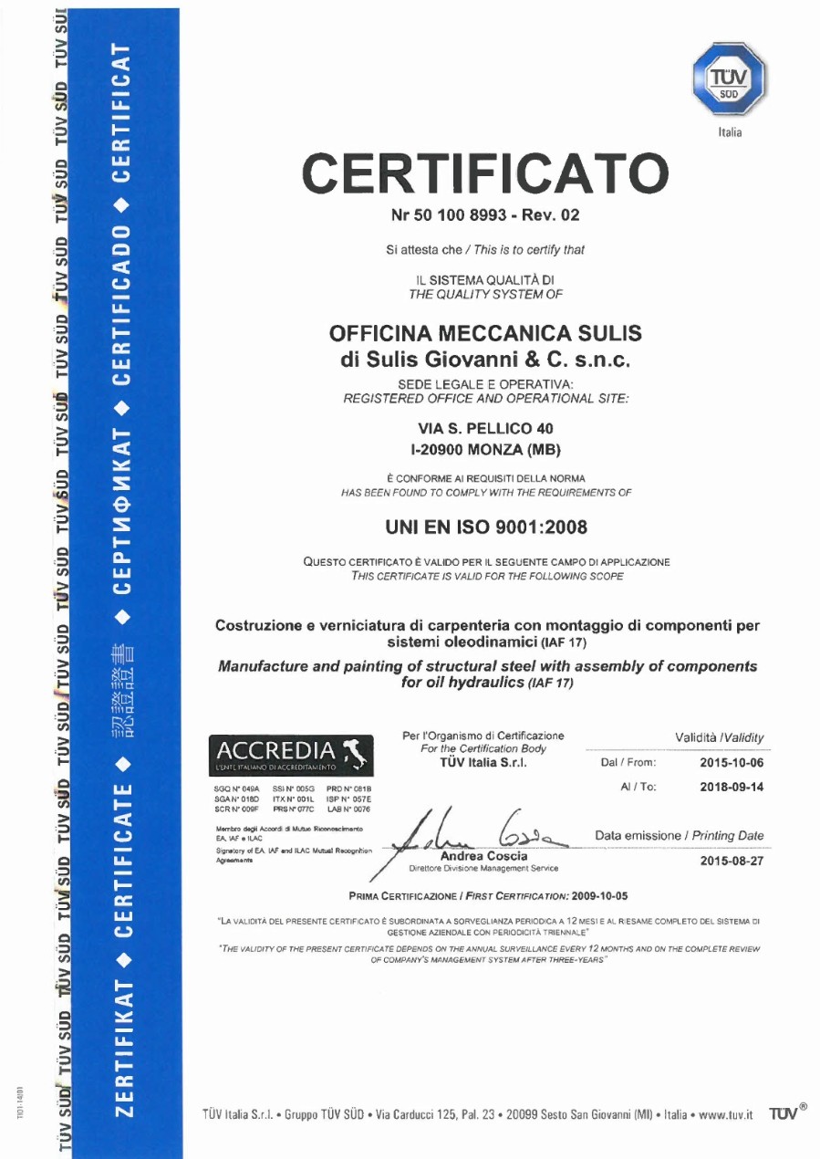Certificato UN EN ISO 9001:2008